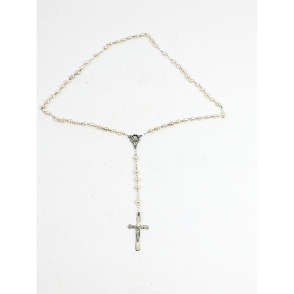 Vintage Italian Catholic‎ Rosary Pearl Beads Silver Tone Crucifix Marked Italy